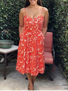 Tropical floral Spaghetti-Strap Midi Dress: silk and linen